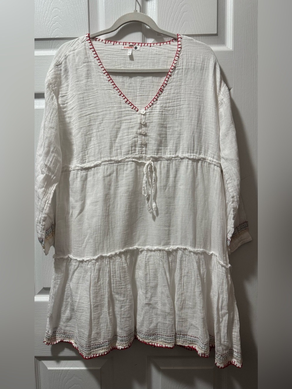 Sundry White Gauze Tunic with Red Trim